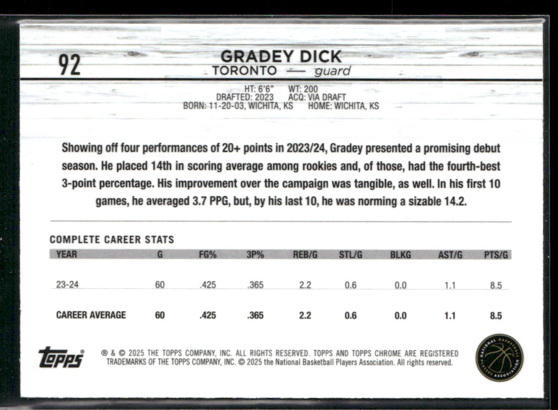 Gradey Dick 2024-25 Topps Chrome Blue Basketball Refractor #92 Toronto Raptors