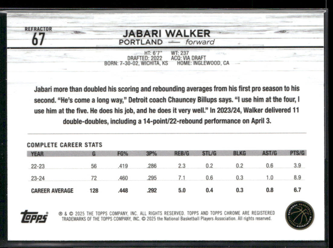 Jabari Walker 2024-25 Topps Chrome Refractor #67 Portland Trail Blazers