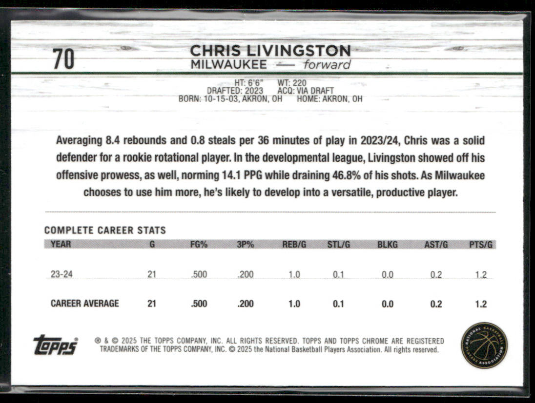 Chris Livingston 2024-25 Topps Chrome Blue Sonar Refractor #70 SN Bucks