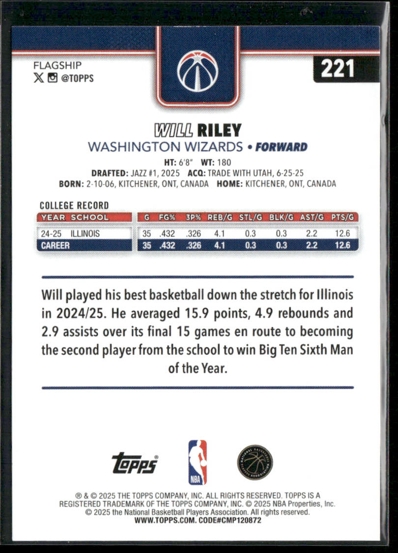 Will Riley 2025-26 Topps #221 RC Washington Wizards