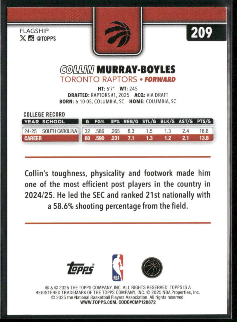 Collin Murray-Boyles 2025-26 Topps #209 RC Toronto Raptors back