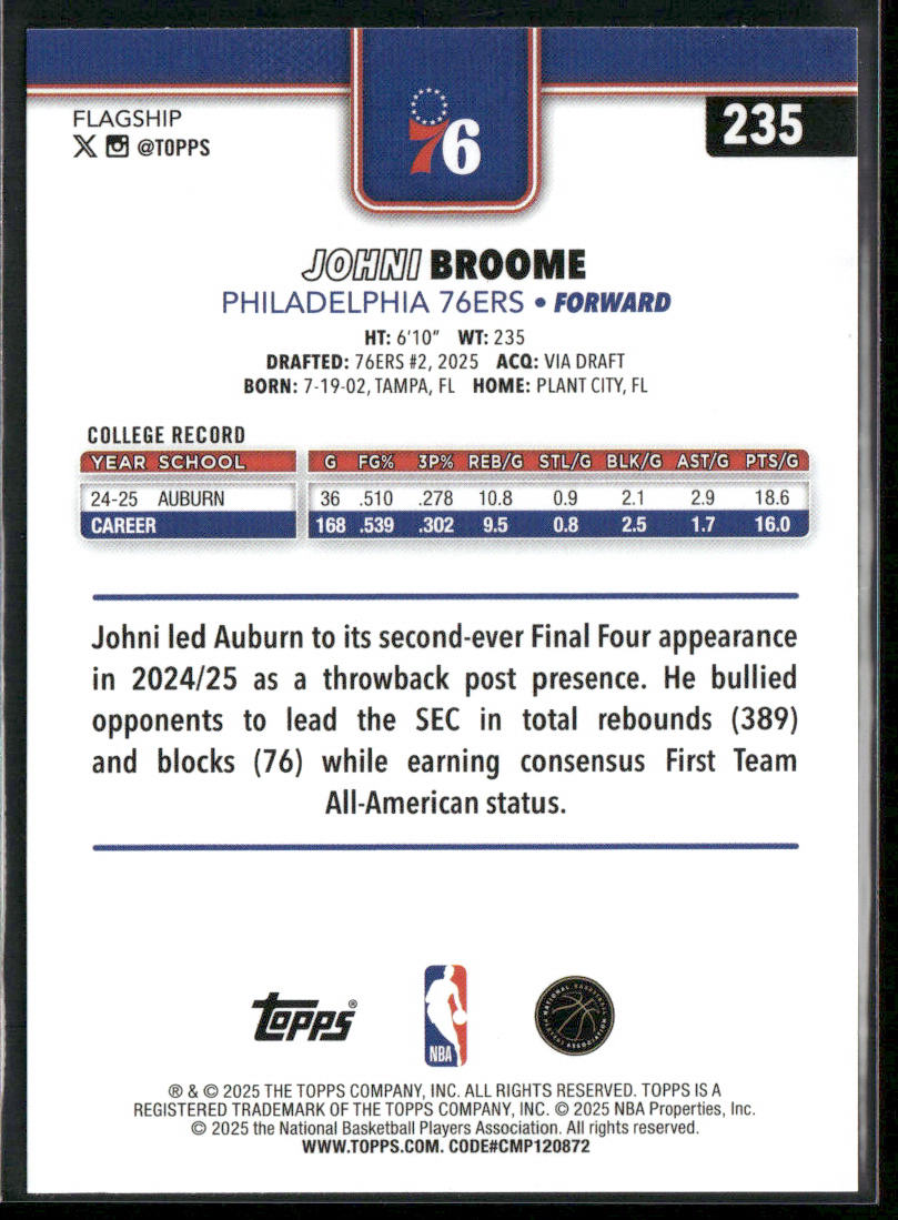Johni Broome 2025-26 Topps #235 RC Philadelphia 76ers back