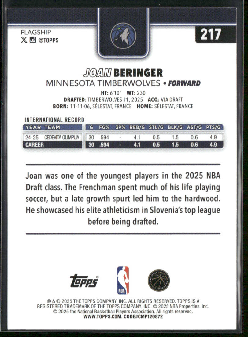 Joan Beringer 2025-26 Topps #217 RC Minnesota Timberwolves