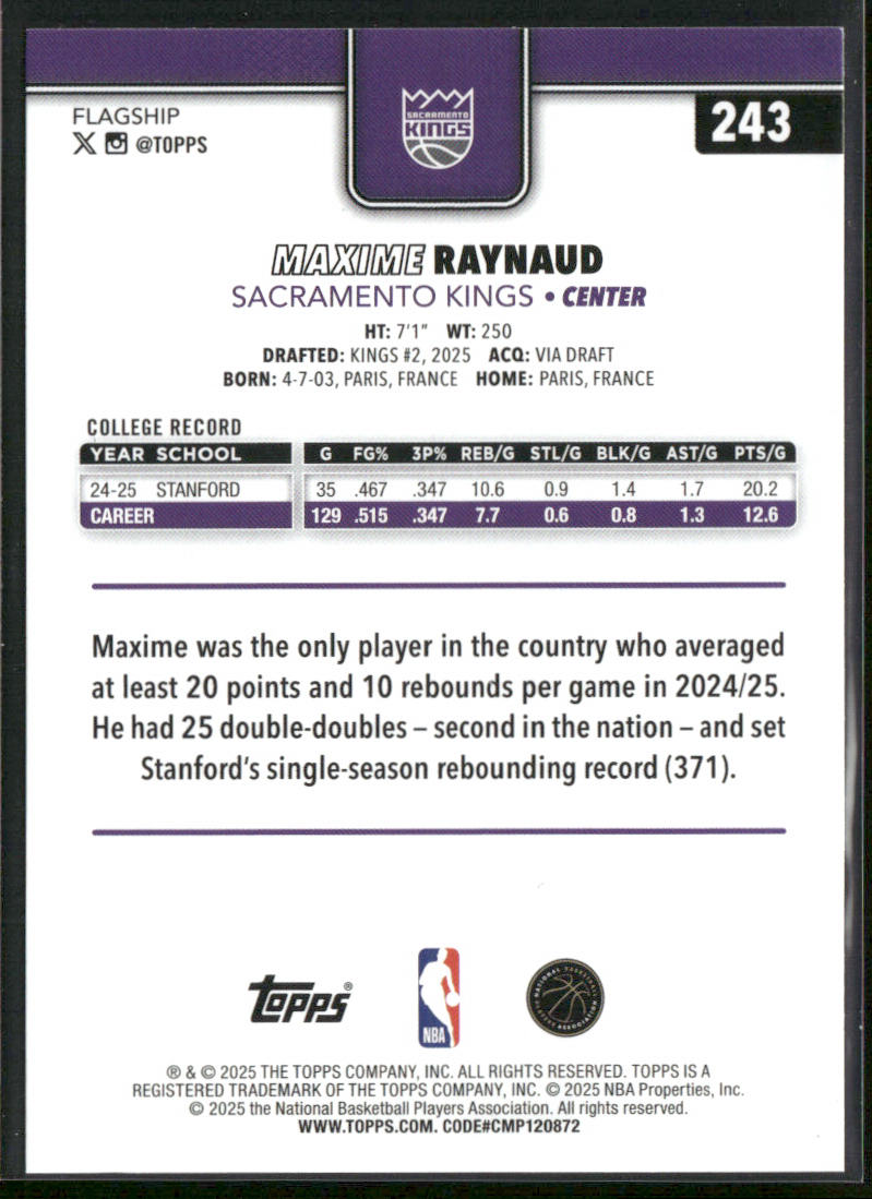 Maxime Raynaud 2025-26 Topps #243 RC Sacramento Kings back