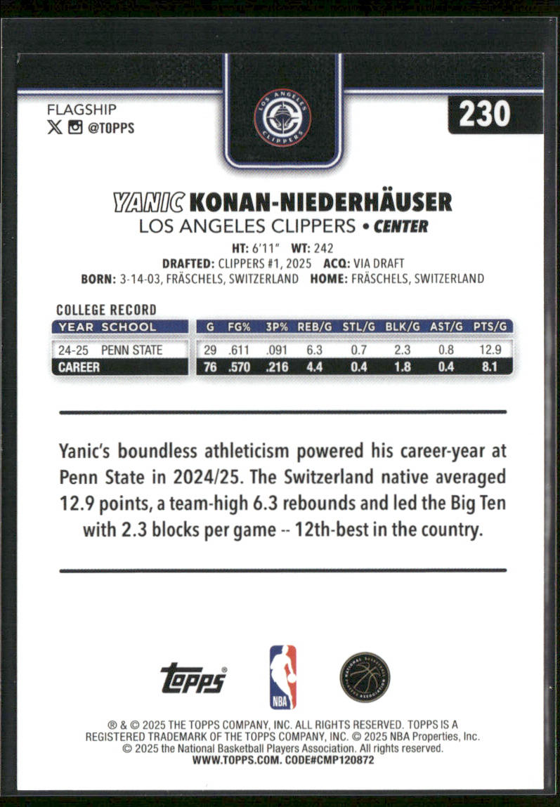 Yanic Konan-Niederhäuser 2025-26 Topps #230 RC Los Angeles Clippers back