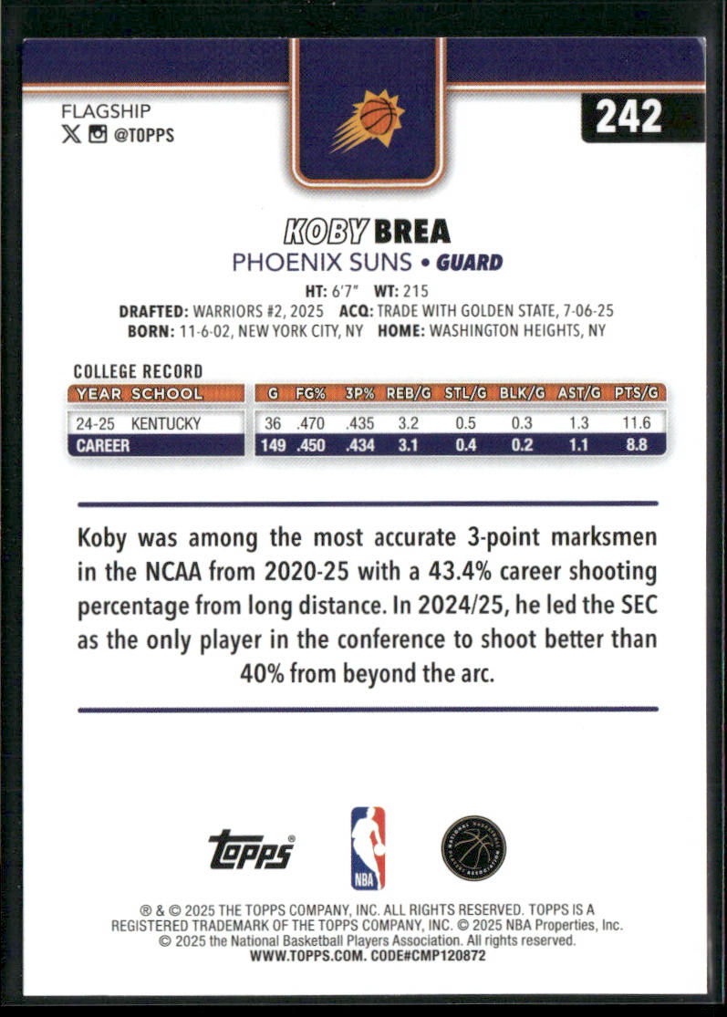 Koby Brea 2025-26 Topps #242 RC Phoenix Suns back