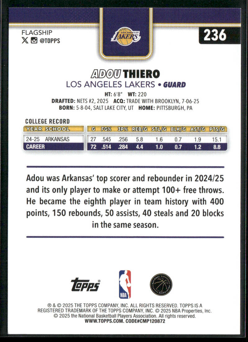 Adou Thiero 2025-26 Topps #236 RC Los Angeles Lakers back