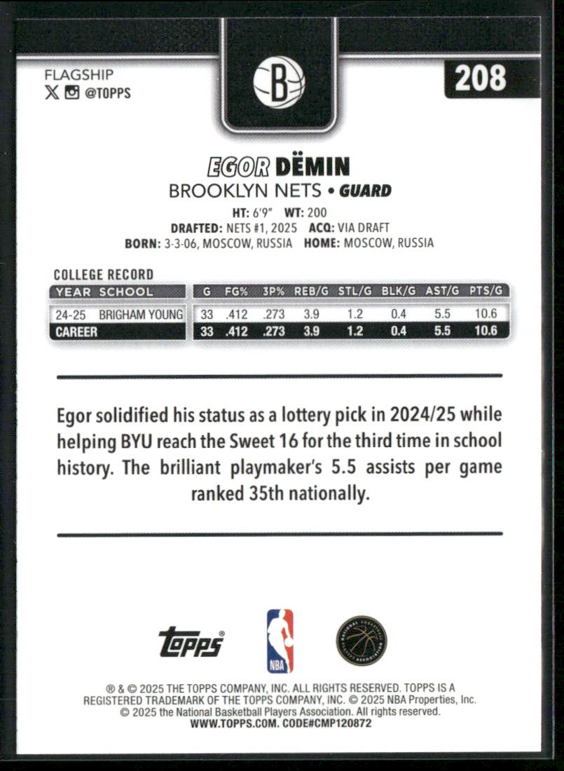Egor Dëmin 2025-26 Topps #208 RC Brooklyn Nets