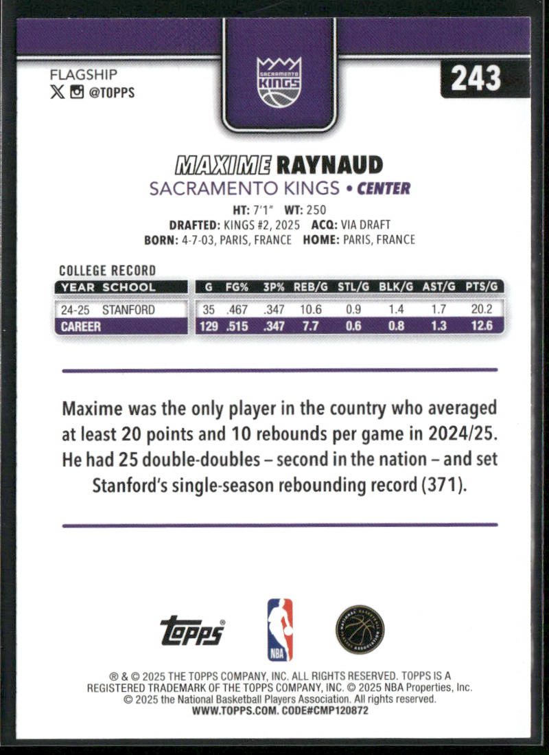 Maxime Raynaud 2025-26 Topps #243 RC Sacramento Kings back