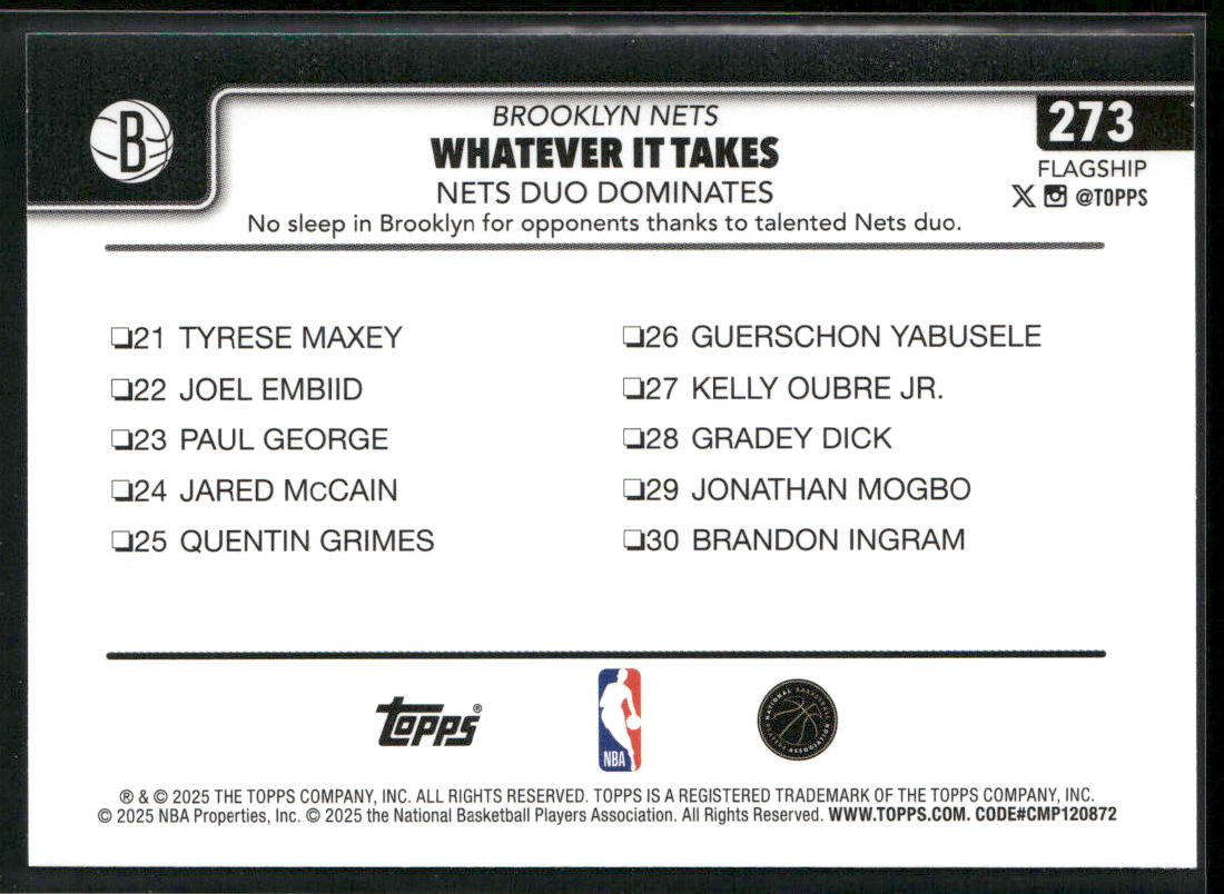 Whatever It Takes: Nets Duo Dominates 2025-26 Topps #273 Brooklyn Nets back
