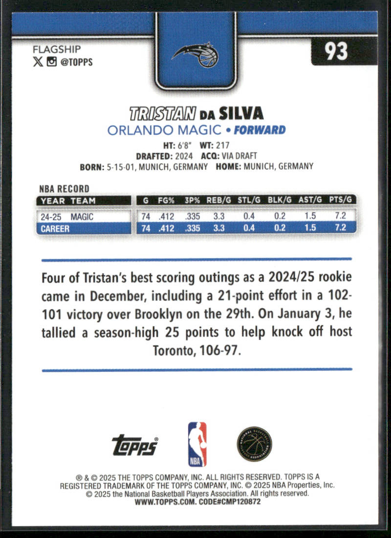 Tristan da Silva 2025-26 Topps #93 Orlando Magic back