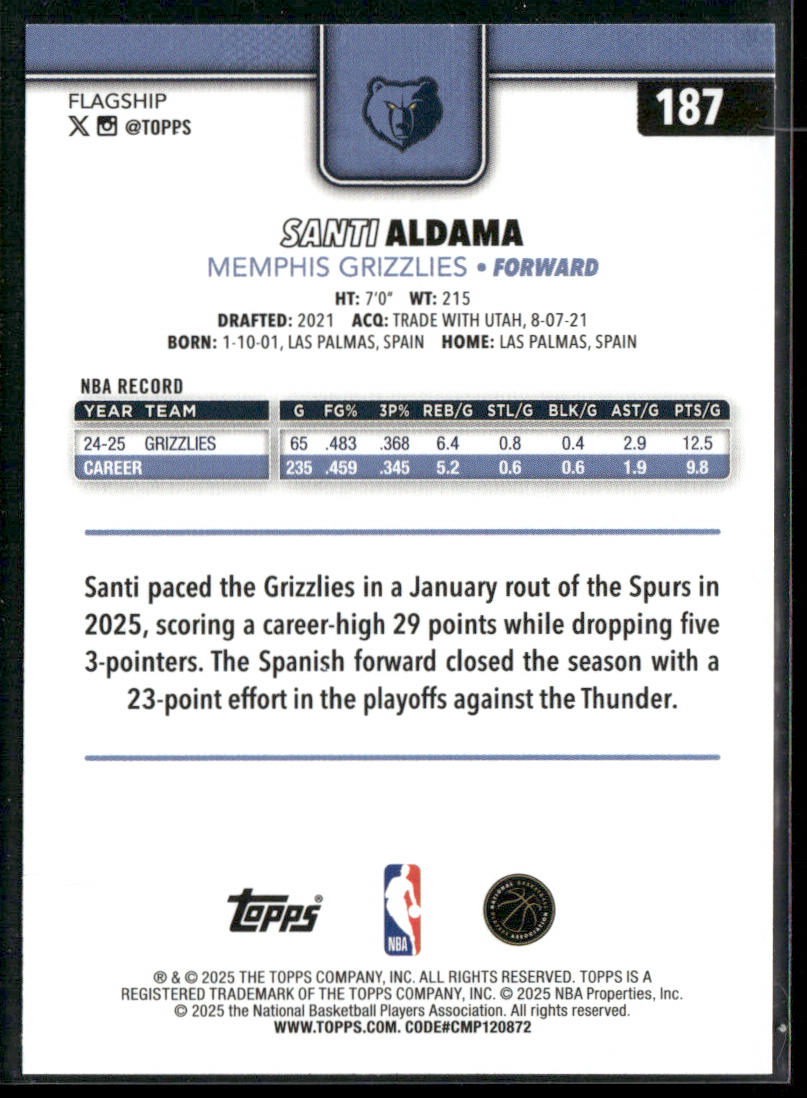 Santi Aldama 2025-26 Topps #187 Memphis Grizzlies back