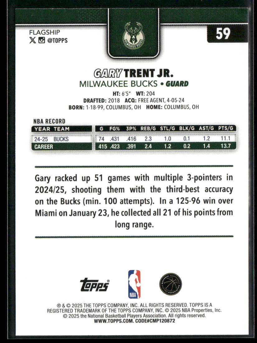 Gary Trent Jr. 2025-26 Topps #59 Milwaukee Bucks back