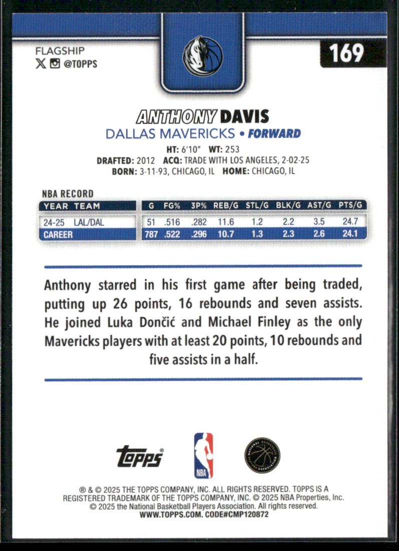 Anthony Davis 2025-26 Topps #169 Dallas Mavericks back