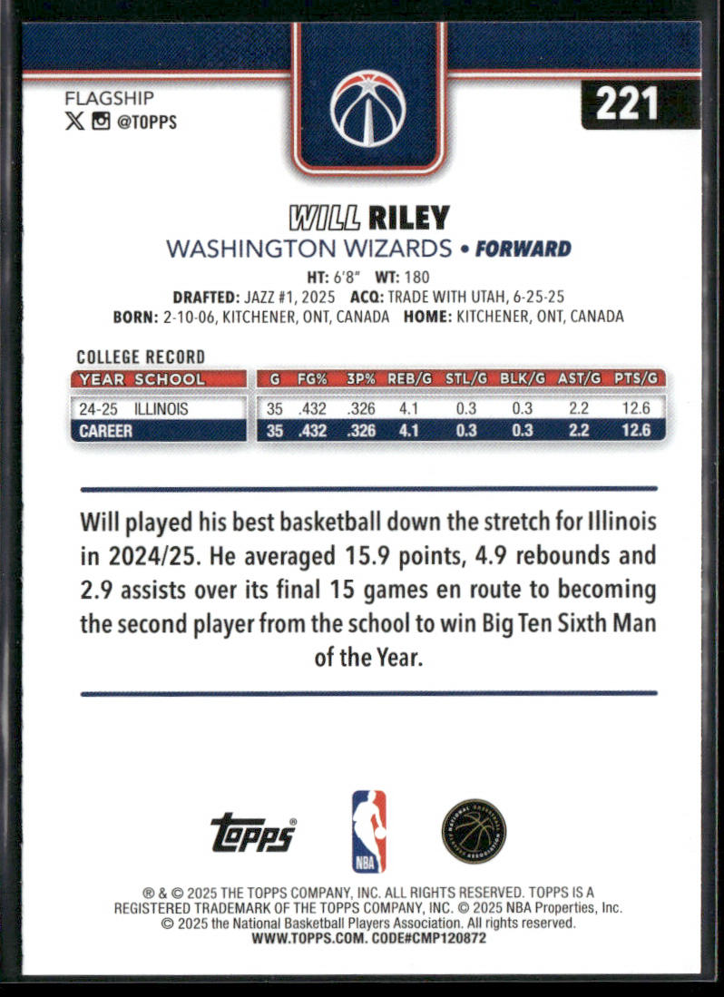 Will Riley 2025-26 Topps #221 RC Washington Wizards back