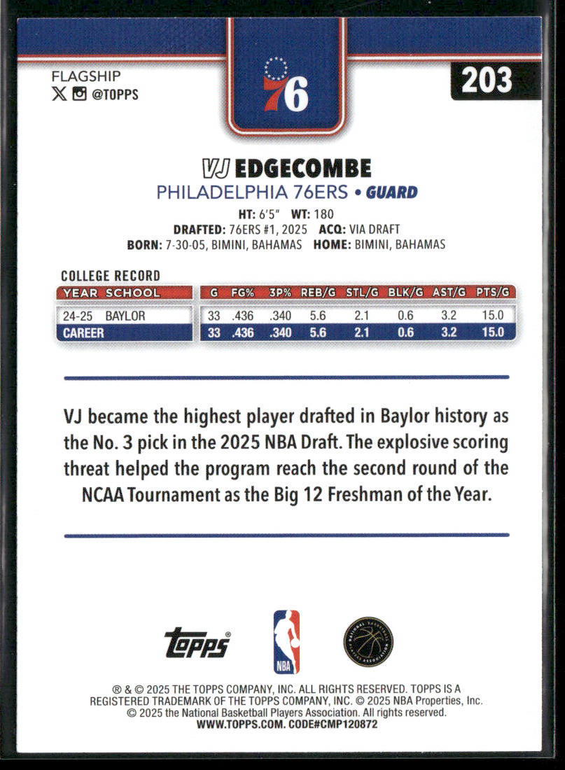 VJ Edgecombe 2025-26 Topps #203 RC Philadelphia 76ers back