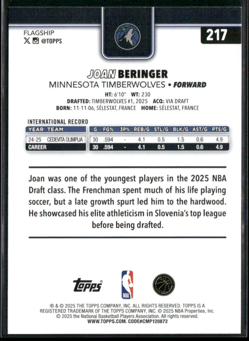 Joan Beringer 2025-26 Topps #217 RC Minnesota Timberwolves back
