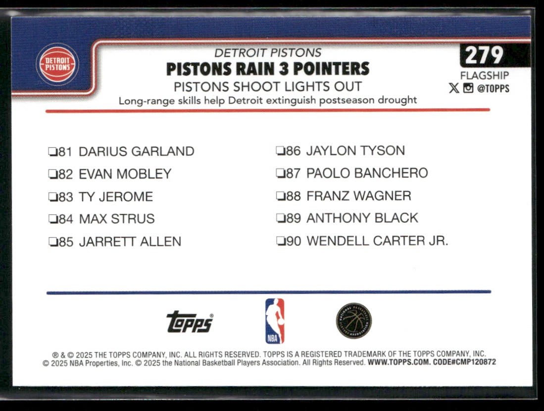 Pistons Rain 3 Pointers: Pistons Shoot Lights Out 2025-26 Topps #279 Pistons back