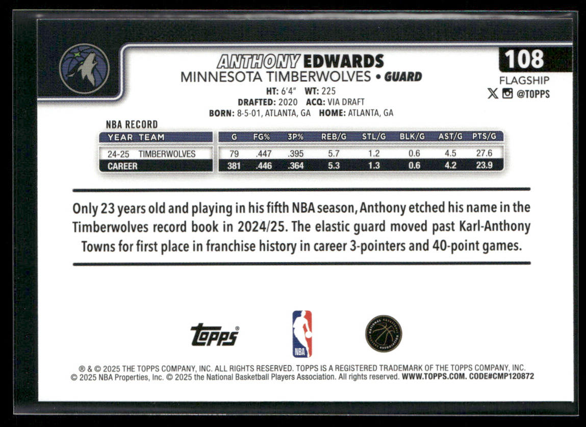 Anthony Edwards 2025-26 Topps #108 Minnesota Timberwolves back