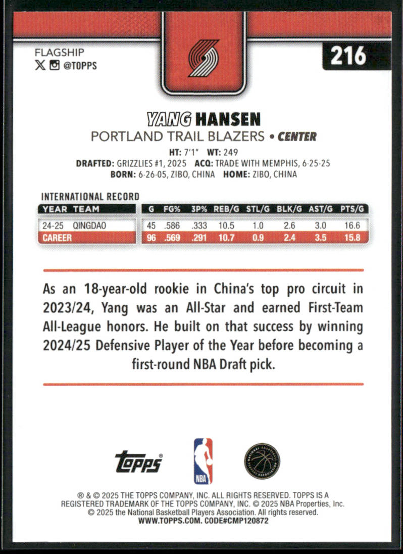 Yang Hansen 2025-26 Topps #216 RC Portland Trail Blazers