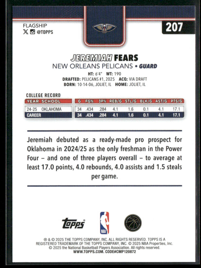 Jeremiah Fears 2025-26 Topps #207 RC New Orleans Pelicans back