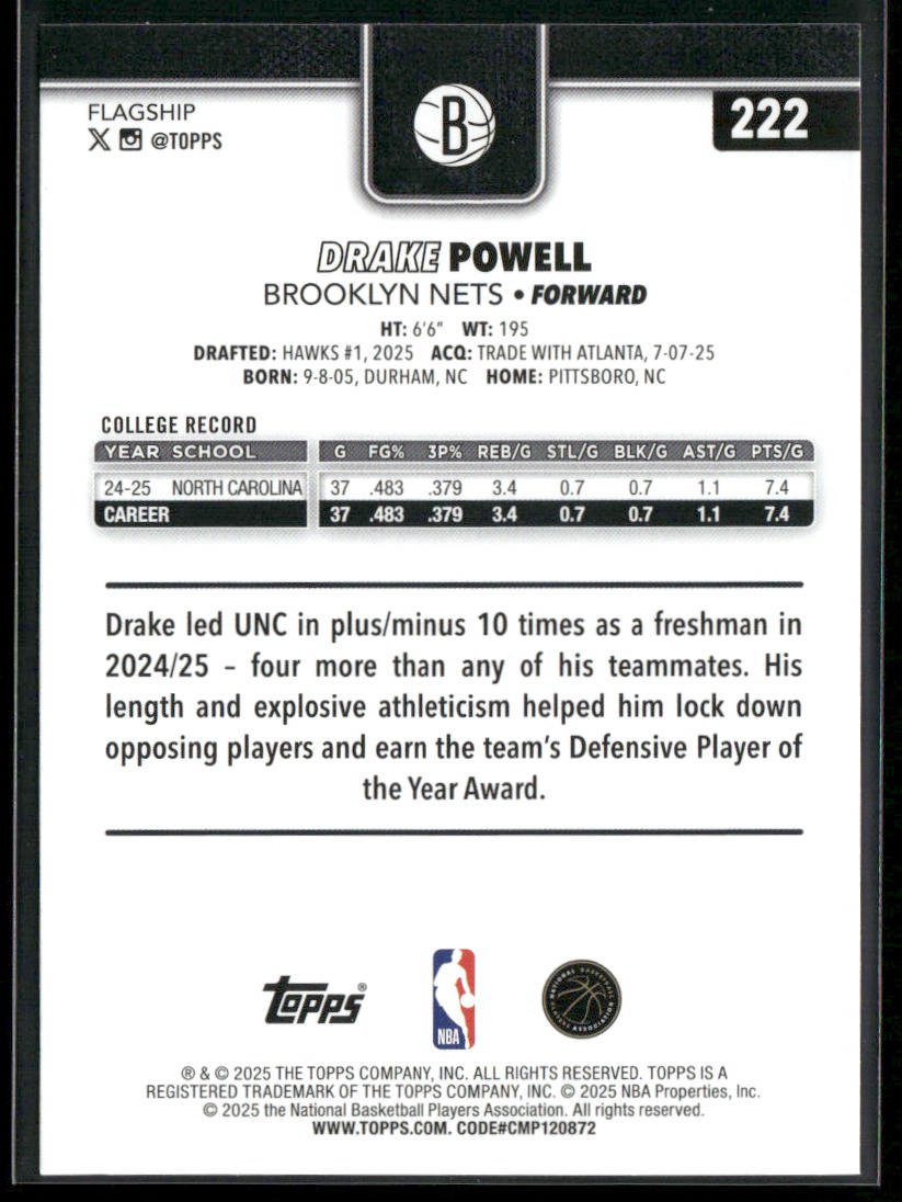 Drake Powell 2025-26 Topps #222 RC Brooklyn Nets back