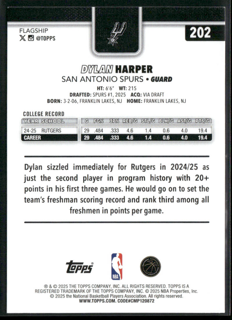 Dylan Harper 2025-26 Topps #202 RC San Antonio Spurs