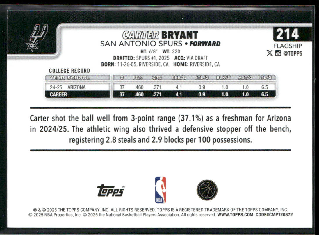 Carter Bryant 2025-26 Topps #214 RC San Antonio Spurs back