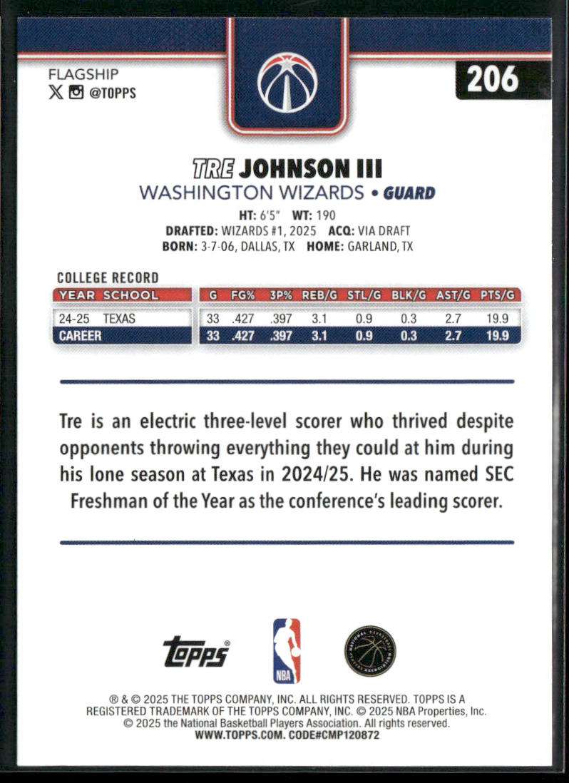 Tre Johnson III 2025-26 Topps #206 RC Washington Wizards
