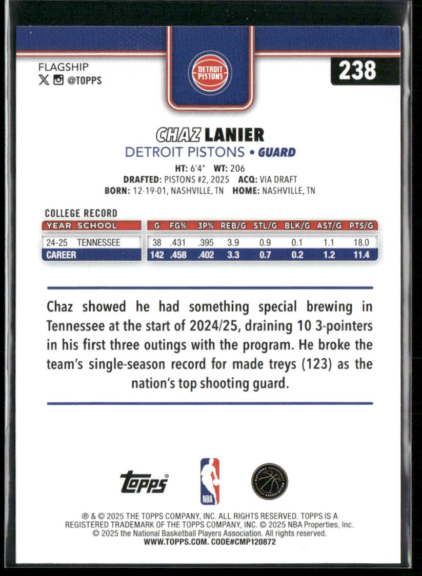 Chaz Lanier 2025-26 Topps #238 RC Detroit Pistons back