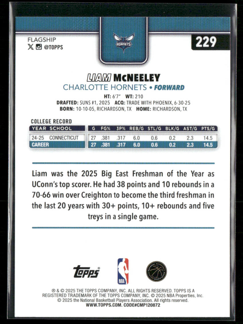 Liam McNeeley 2025-26 Topps #229 RC Charlotte Hornets back