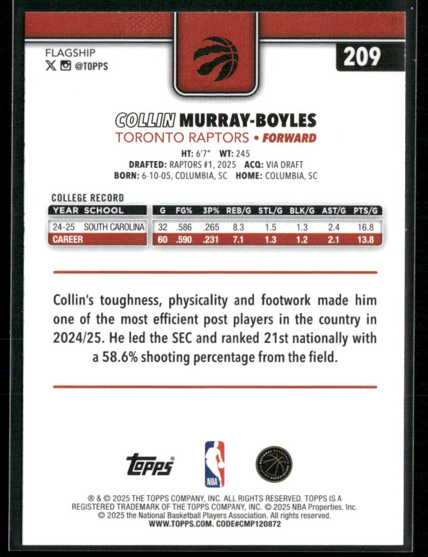 Collin Murray-Boyles 2025-26 Topps #209 RC Toronto Raptors back