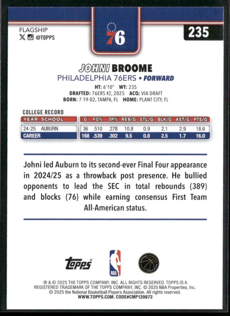 Johni Broome 2025-26 Topps #235 RC Philadelphia 76ers back
