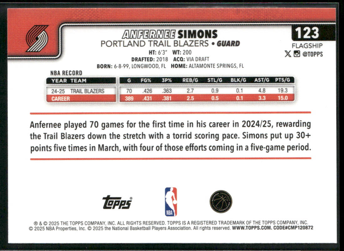 Anfernee Simons 2025-26 Topps #123 Portland Trail Blazers back