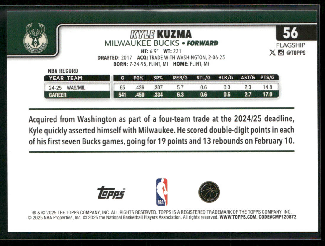 Kyle Kuzma 2025-26 Topps #56 Milwaukee Bucks back