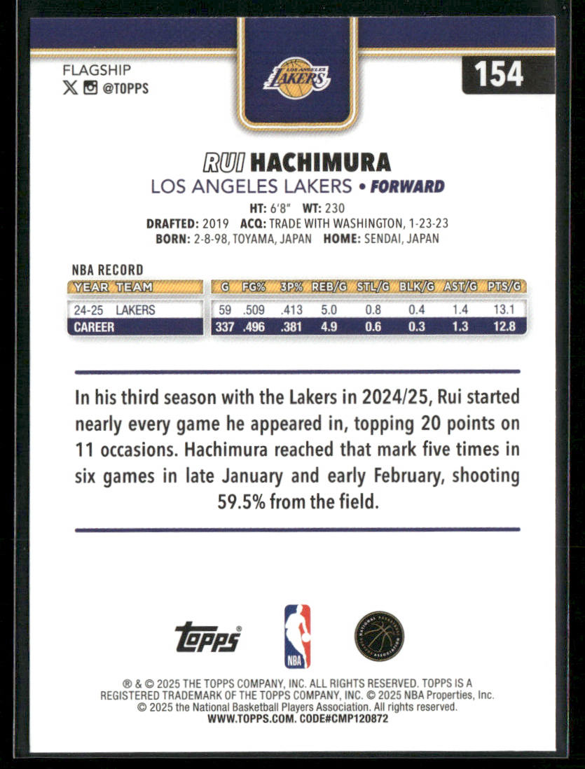 Rui Hachimura 2025-26 Topps #154 Los Angeles Lakers back
