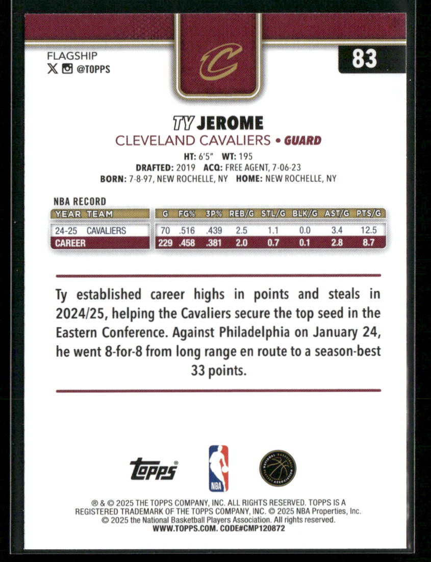 Ty Jerome 2025-26 Topps #83 Cleveland Cavaliers back