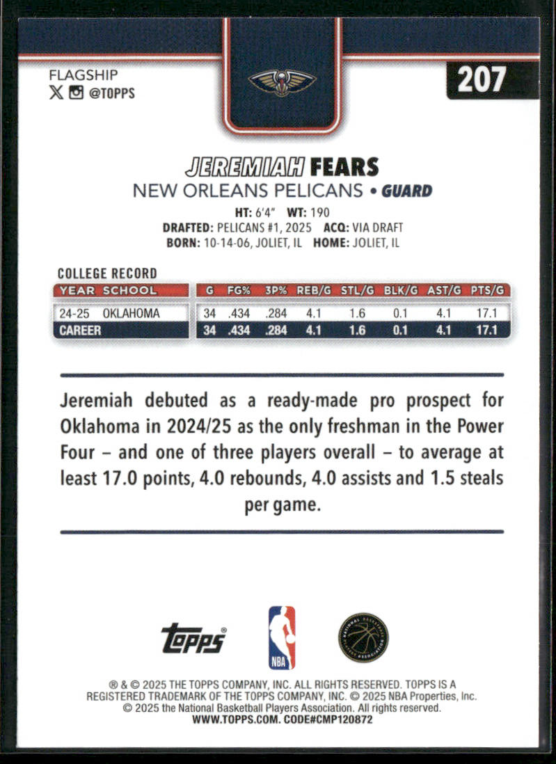 Jeremiah Fears 2025-26 Topps #207 RC New Orleans Pelicans back