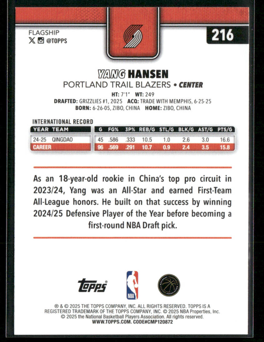 Yang Hansen 2025-26 Topps #216 RC Portland Trail Blazers back