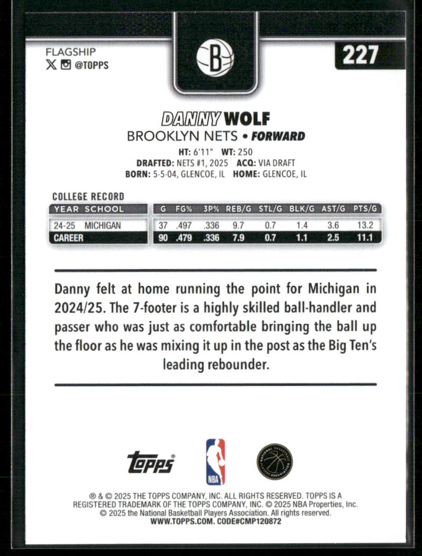 Danny Wolf 2025-26 Topps #227 RC Brooklyn Nets