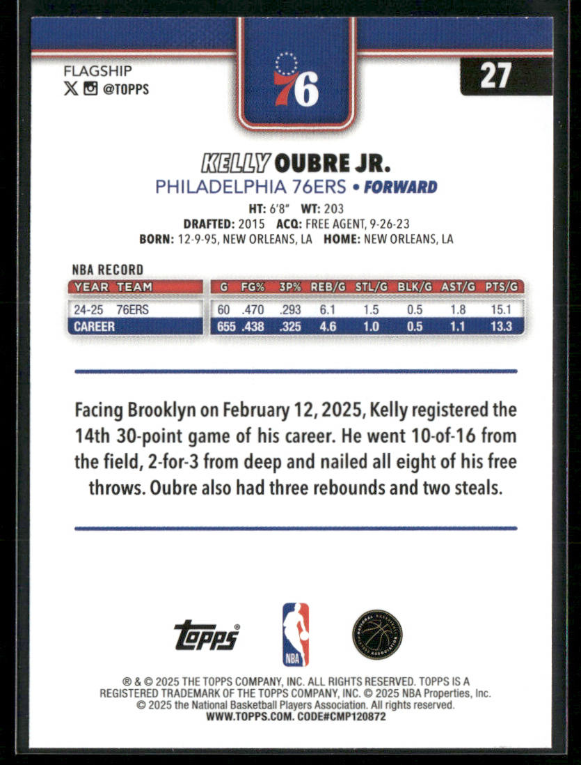 Kelly Oubre Jr. 2025-26 Topps #27 Philadelphia 76ers back