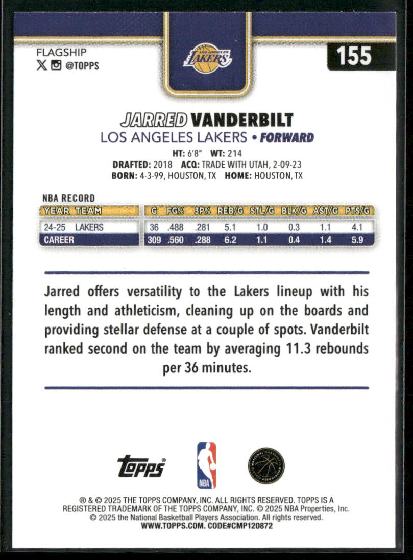 Jarred Vanderbilt 2025-26 Topps #155 Los Angeles Lakers back