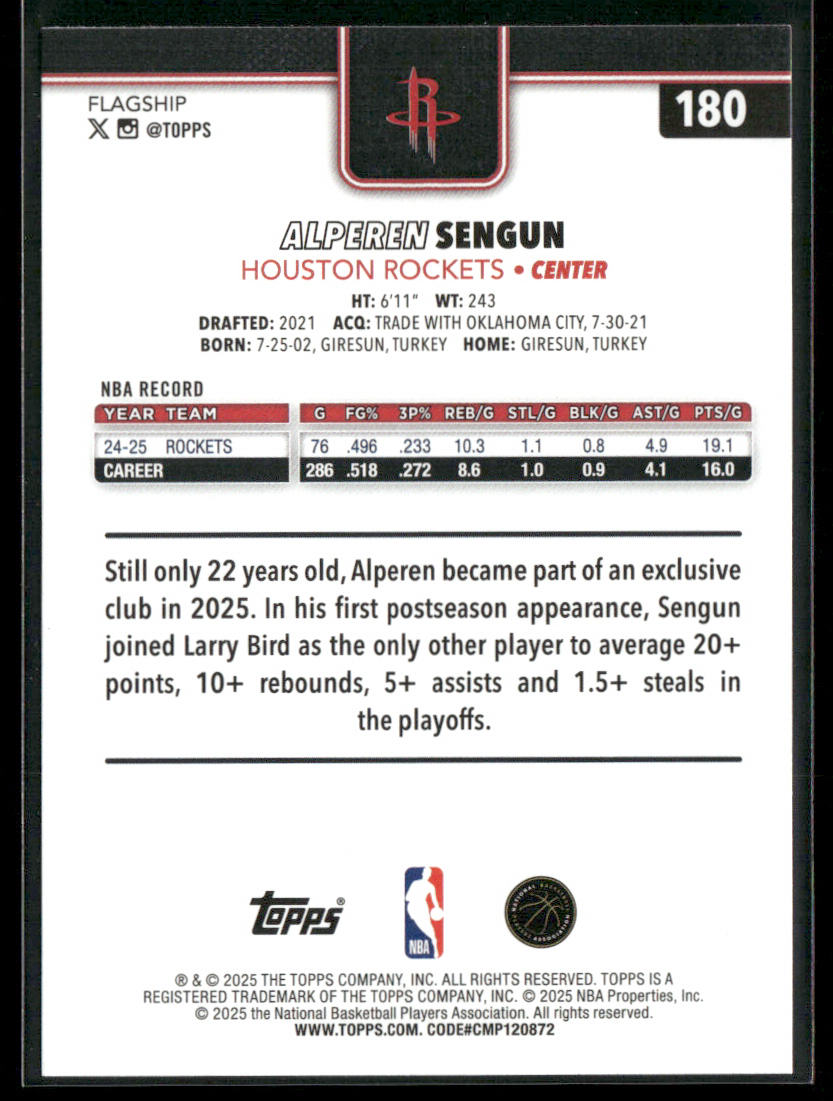 Alperen Sengun 2025-26 Topps #180 Houston Rockets back