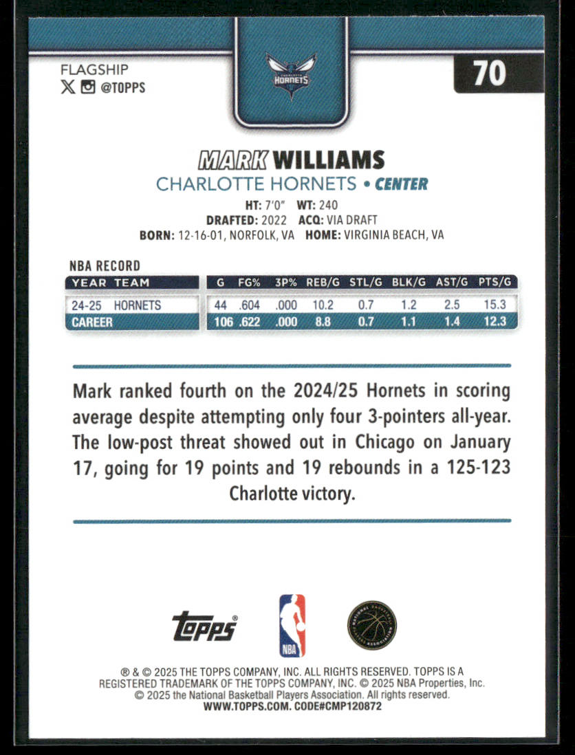 Mark Williams 2025-26 Topps #70 Charlotte Hornets back