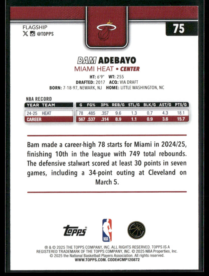 Bam Adebayo 2025-26 Topps #75 Miami Heat back