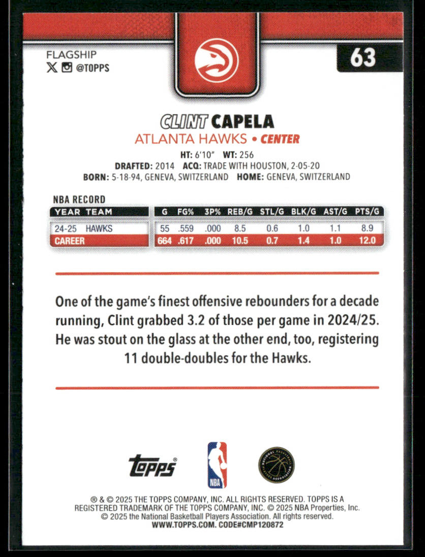 Clint Capela 2025-26 Topps #63 Atlanta Hawks back