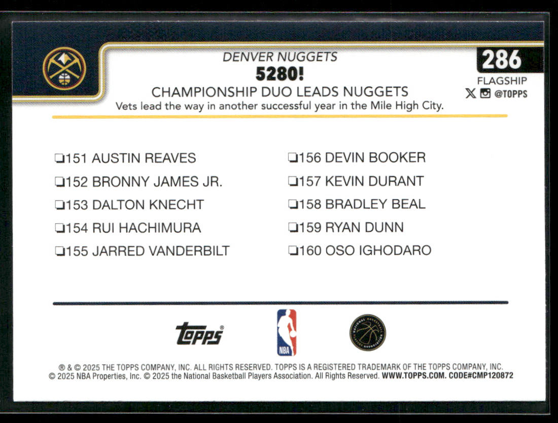 5280!: Championship Duo Leads Nuggets 2025-26 Topps #286 Denver Nuggets back