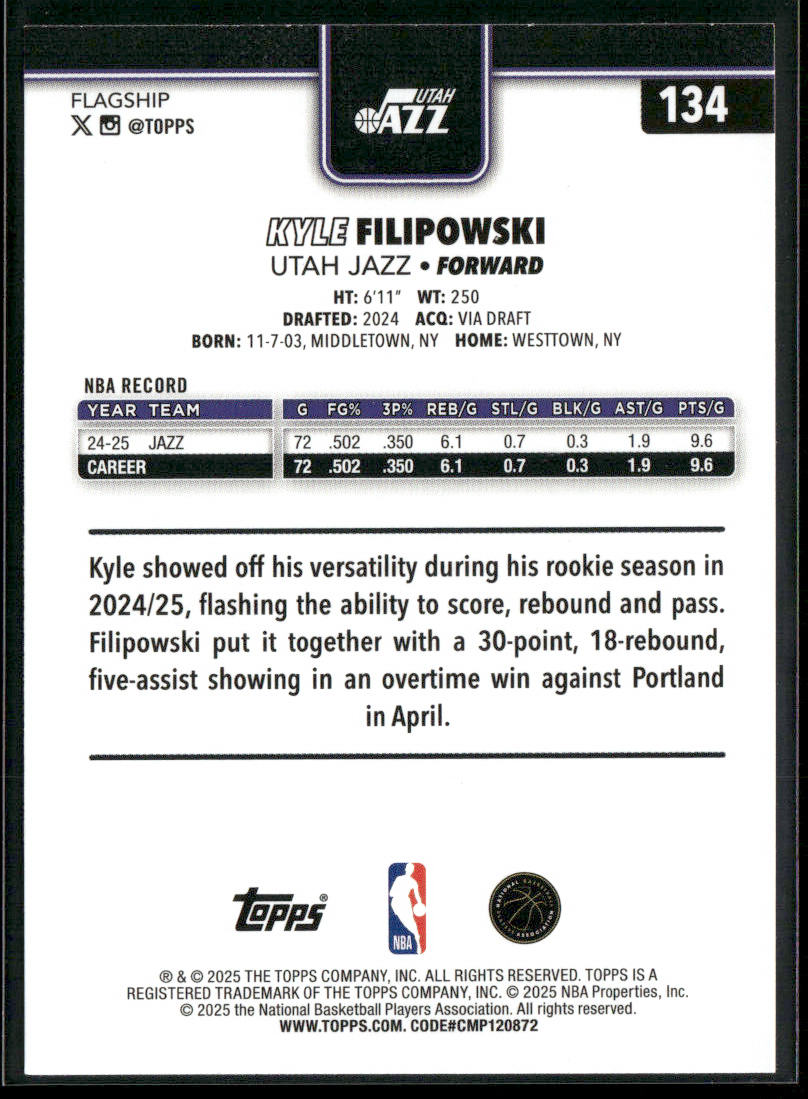 Kyle Filipowski 2025-26 Topps #134 Utah Jazz back