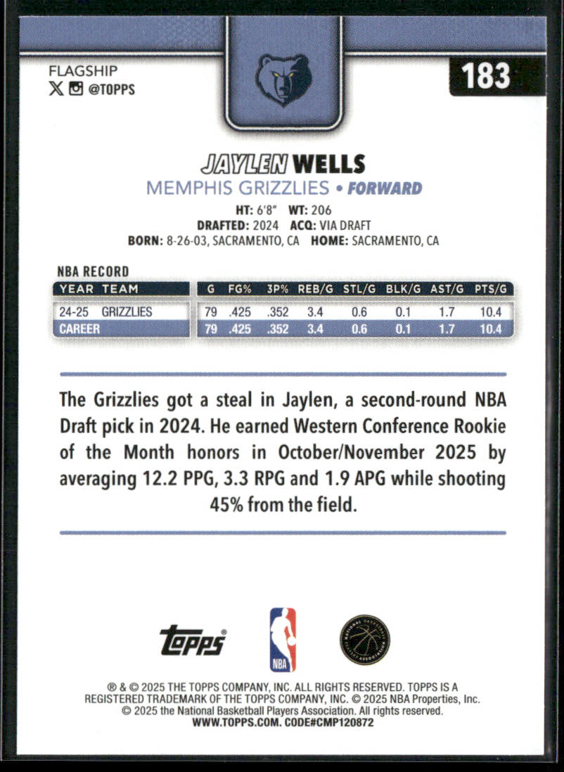Jaylen Wells 2025-26 Topps #183 Memphis Grizzlies back