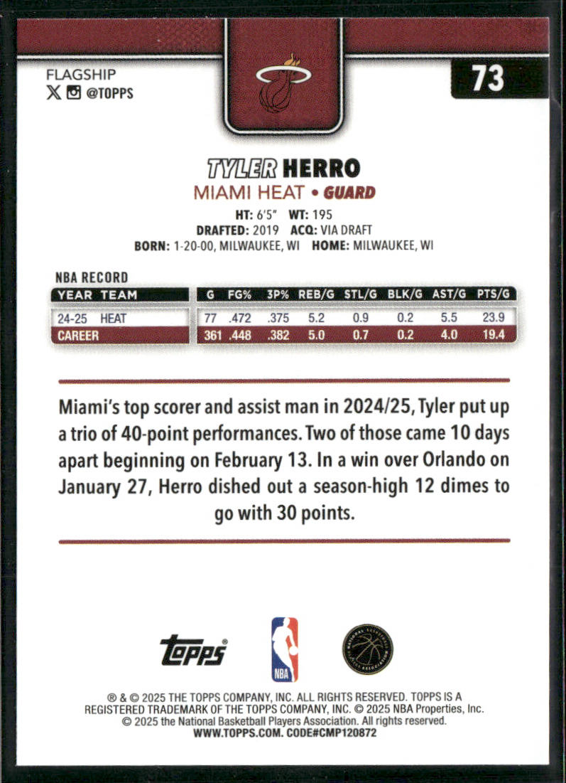Tyler Herro 2025-26 Topps #73 Miami Heat back